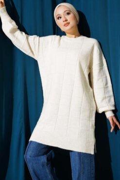 Square Pattern Soft Knit Tunic Ecru