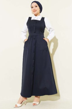 Square Neck Pocket Dress Navy Blue