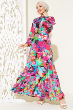 Mixed Pattern Long Button Dress Fuchsia