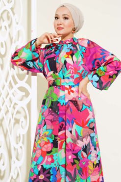 Vista alternativa de Mixed Pattern Long Button Dress Fuchsia