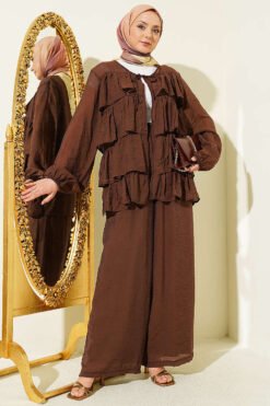 Layered Ruffled Tie Strap Two-Piece Set Brown