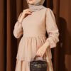 ⁦Layered Belted Chiffon Dress Beige⁩ - الصورة ⁦2⁩