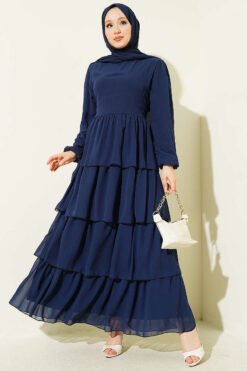 Layered Belted Chiffon Dress Navy Blue