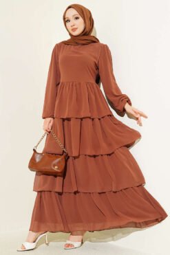 Layered Belted Chiffon Dress Tan