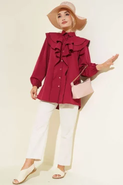 منظر بديل لـ Ruffled Tiered Collar Shirt Burgundy