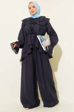 Collared Tied Ruffled Two-Piece Set Navy Blue
