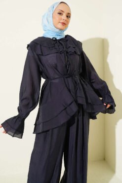 Alternative Ansicht von Collared Tied Ruffled Two-Piece Set Navy Blue
