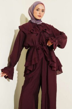Alternative Ansicht von Collared Tied Ruffled Two-Piece Set Plum