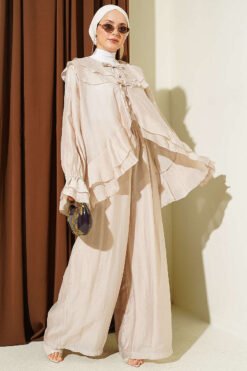 Collared Tied Ruffled Two-Piece Set Stone