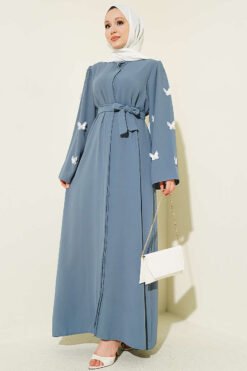 Butterfly Pearl Belted Abaya Grey