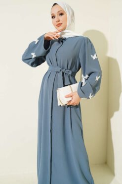 Vue alternative de Butterfly Pearl Belted Abaya Grey