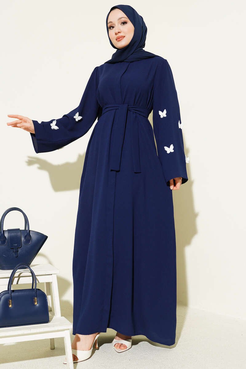 Butterfly Pearl Belted Abaya Navy Blue