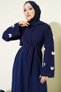Alternative view of Butterfly Pearl Belted Abaya Navy Blue