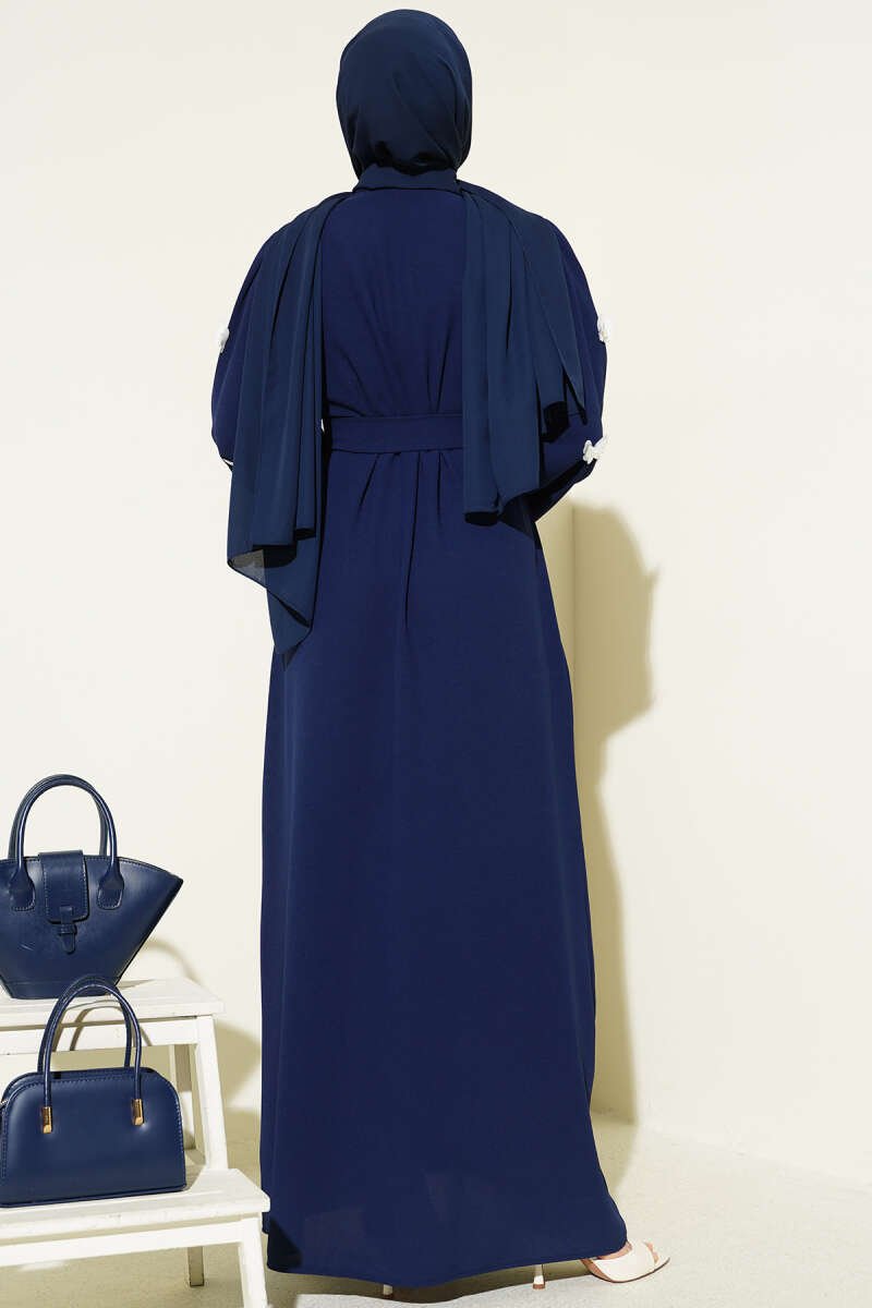 Butterfly Pearl Belted Abaya Navy Blue - Image 3