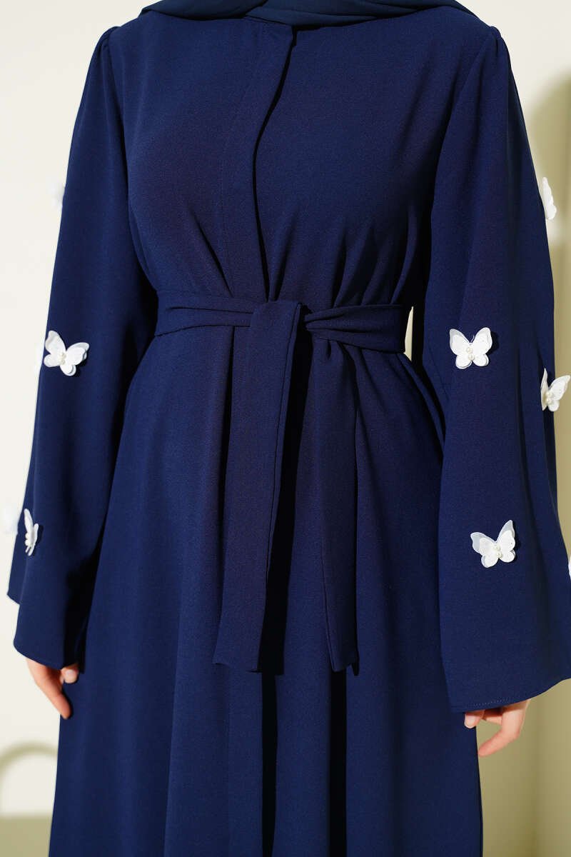 Butterfly Pearl Belted Abaya Navy Blue - Image 4