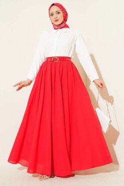 Vista alternativa de Belted Waist Elastic Voile Skirt Red