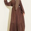 Belted Buttoned Ruffled Dress Brown