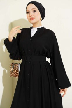 Alternatieve weergave van Belted Buttoned Ruffled Dress Black