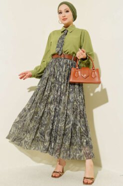 Belted Patterned Skirt Set Khaki