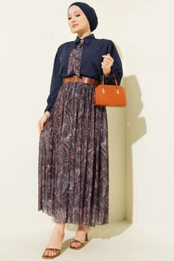 Belted Patterned Skirt Set Navy Blue