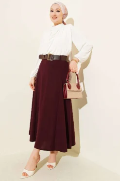 Alternative view of Belted Stitch Detail Flared Skirt Burgundy