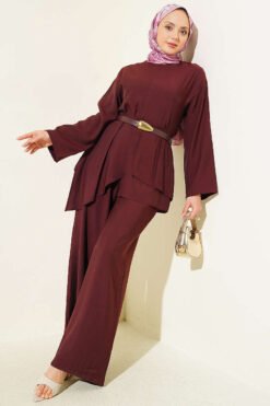 Belted Layered Pants Set Plum
