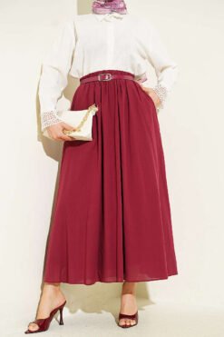 Belted Flared Voile Skirt Burgundy