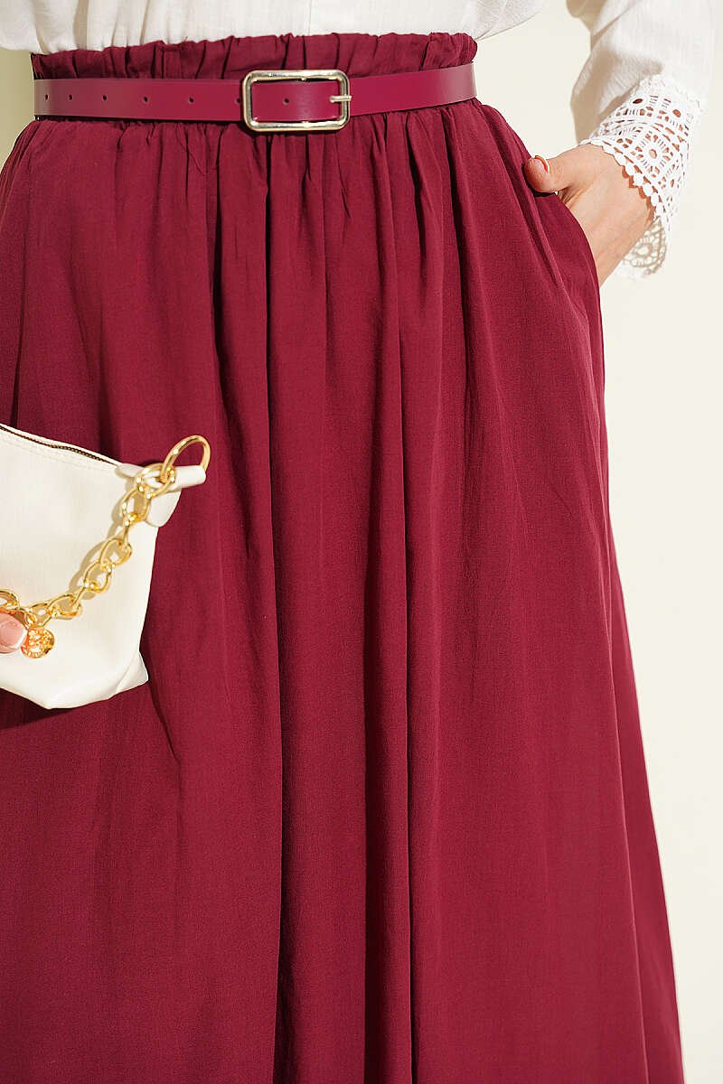 Belted Flared Voile Skirt Burgundy – Image 4
