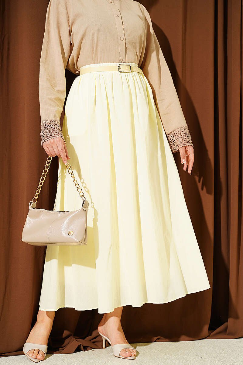 Belted Flared Voile Skirt Yellow