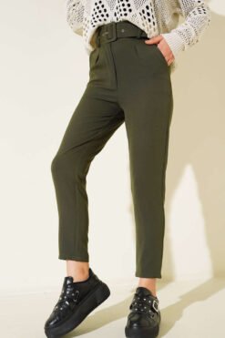 Belted Fabric Trousers Khaki