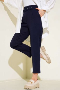 Belted Fabric Trousers Navy Blue