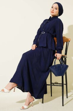 Belted Paisley Pattern Skirt Set Navy Blue