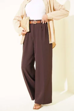 Belted Palazzo Fabric Pants Brown