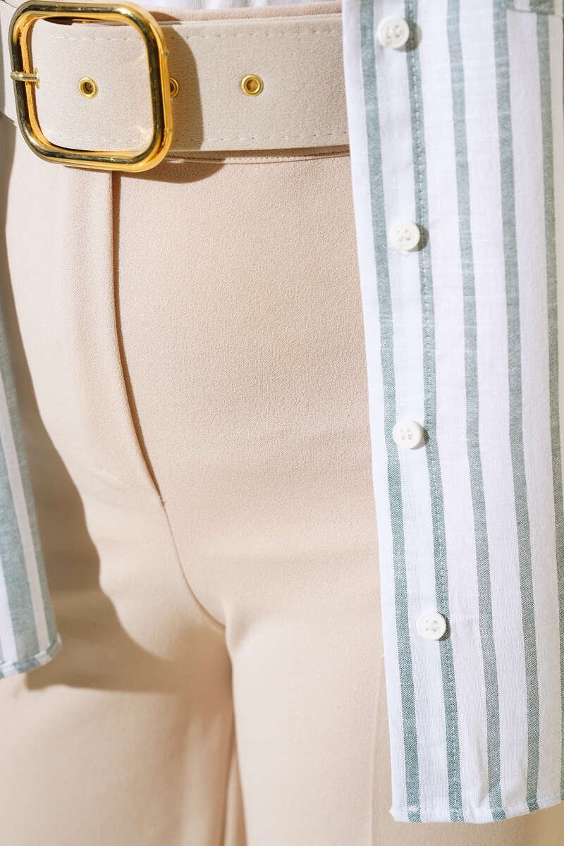 High Waist Wide Leg Trousers with Belt Beige - Imagen 4
