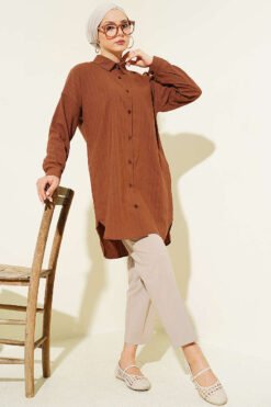 Self-Striped Shirt Brown en gros shirt view 2 - Hicabistan usine Turquie