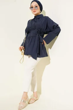 Alternative Ansicht von Self-Tie Front Gathered Tunic Navy Blue