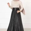 Pleated A-Line Leather Skirt Black