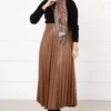 Pleated A-Line Leather Skirt Tan