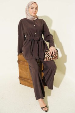 Sleeve Pleated Gold Button Two-Piece Set Brown
