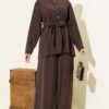 Sleeve Pleated Gold Button Two-Piece Set Brown - Image 2