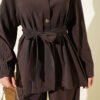 Sleeve Pleated Gold Button Two-Piece Set Brown - Image 4
