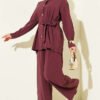 Sleeve Pleated Gold Button Two-Piece Set Plum