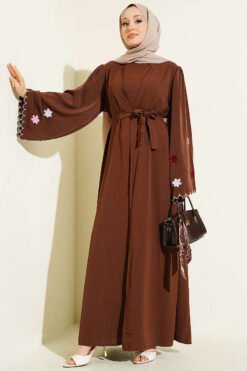 Embroidered Sleeve Abaya Brown