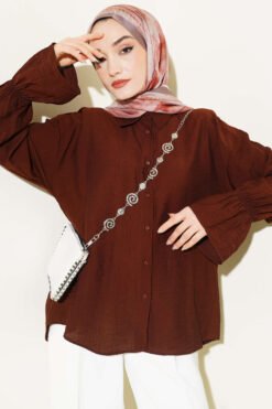 Elastic Cuff Crinkle Shirt Brown