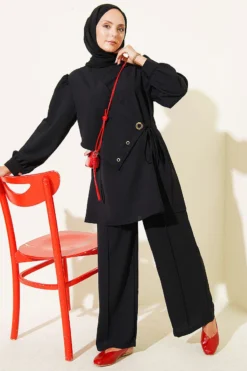 Alternative view of Eyelet Detail Drawstring Two-Piece Set Black