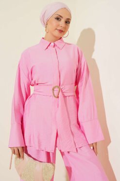 Fabric Gold Buckle Two-Piece Set Pink Großhandel clothing set view 2 - Hicabistan Türkei Fabrik