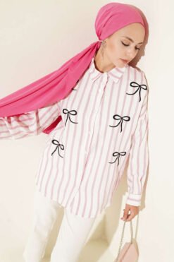 Striped Shirt with Ribbon Embroidery Pink