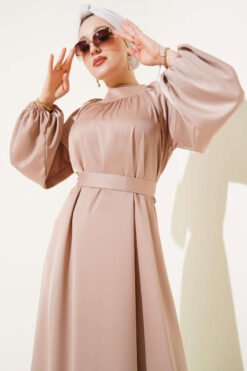 Alternative view of Belted Balloon Sleeve Satin Evening Dress Beige