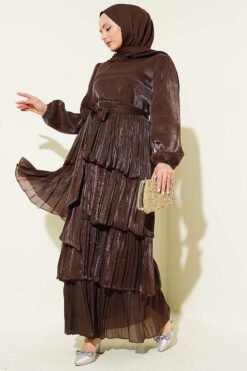 Belted Tiered Evening Dress Brown
