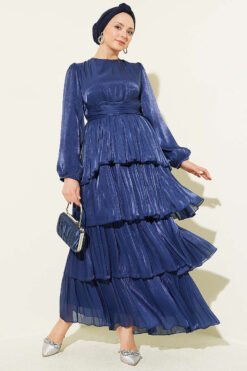 Belted Tiered Evening Dress Navy Blue